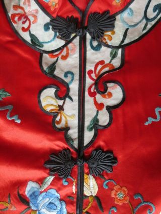Vintage Chinese ESME Embroidered Red Silk Mandarin Kimono Robe Flowers Floral S 3