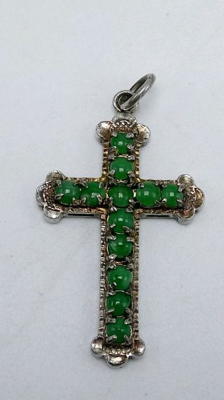Vintage Green Jade Sterling Silver 925 Cross Pendant 1 - 1/4 X 7/8 "