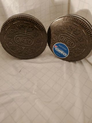 2 Vintage Collectible Round Nabisco Oreo Cookie Shaped Tin 1993 Containers Metal