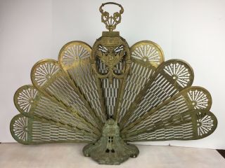 Fireplace Screen Fan Peacock Decorative Brass Folding Vintage Hearth Accessory