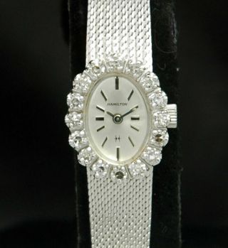 Hamilton Solid 14k White Gold 1/2 Ct Diamond Ladies Cocktail Watch Vtg Rhapsody