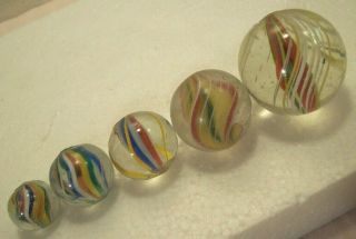 5 Antique German Split Ribbon Core Handmade Marbles 1 5/16 " To 11/16 " Diameters