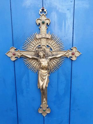 Antique French Processional Cross,  Gilded Bronze Crucifix,  19th Century