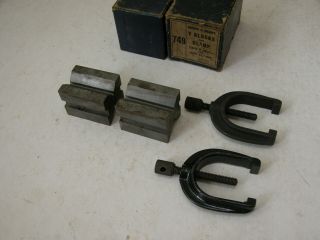 Vintage BROWN & SHARPE No.  749 Machinist V Blocks Set,  clamps 3