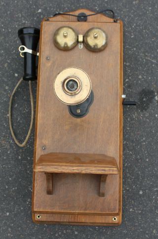 Antique Wood Box Hanging Wall Crank Telephone Phone W/ Candlestick Receiver