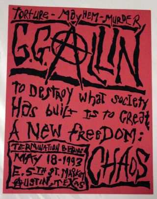 Gg Allin Austin Tx (1989) Vintage Punk Flyer Gg 