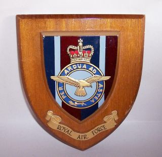 Vintage British Royal Air Force Wooden Wall Plaque Shield Coat Of Arms