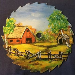 Vtg Hand Painted 7.  5” Saw Blade Folk Art Barn Country Scene Unsigned Fast Ship