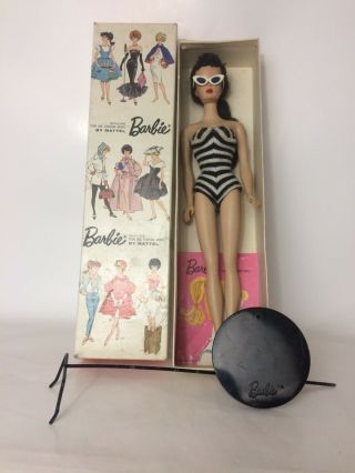 1960 Mattel 3 Brunette Ponytail Barbie Doll Stand Box Booklet