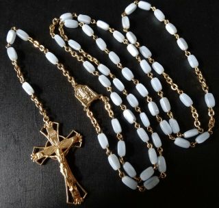 Vintage Powder Blue Glass Bead Crucifix Rosary Gold Tone Necklace - R365