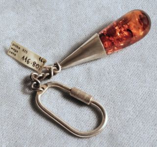 Vintage Solid Sterling Silver Baltic Amber Drop Key Chain Hallmarked Poland
