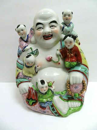 Antique Chinese Famille Rose Porcelain Laughing Buddha With Children - 10” Tall