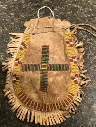 Old Antique Beaded Native American Tanned Hide,  Indian Sinew Sewn Bag 1890 - 1910