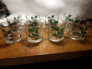 Holly Berry Indiana Glass 8 Vintage Dainty Christmas Egg Nog Cider Coffee Cups