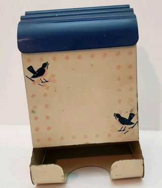 Vintage Antique Tin Match Stick Holder Wall Mounted With Blue Lid And Blue Birds