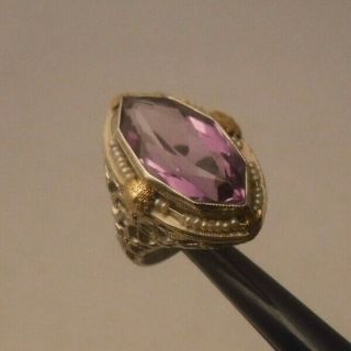 Antique Art Deco 14k 2 Tone Yellow White Gold Amethyst Filigree Seed Pearl Ring