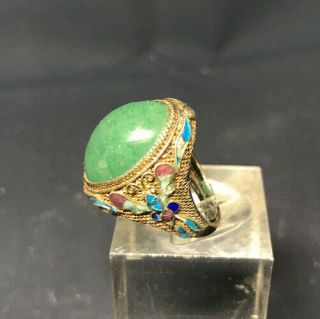 Antique Chinese Silver Enamel Ring Green Jade Adjustable Ring Filigree