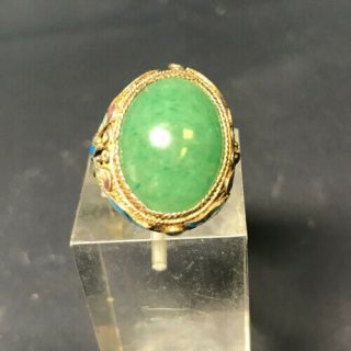 Antique Chinese Silver Enamel Ring Green Jade Adjustable Ring Filigree 2