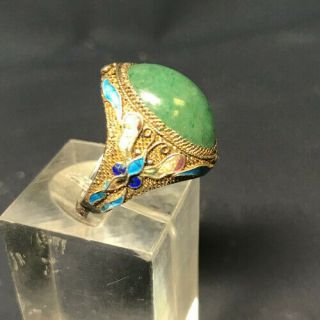 Antique Chinese Silver Enamel Ring Green Jade Adjustable Ring Filigree 3
