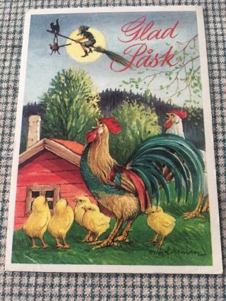 Vintage Swedish Mini Postcard Easter Witch Broom Black Cat Chicken Forsman