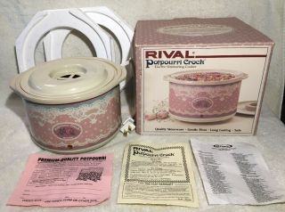 Vintage 1987 Rival Potpourri Crock Pink Rose Lace Simmering Stoneware Pot 3207