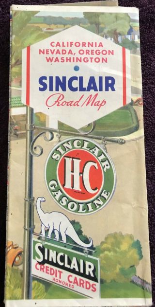 Vintage Sinclair H - C Gasoline Road Map,  Ca,  Nev.  Oregon,  Washington (1930 