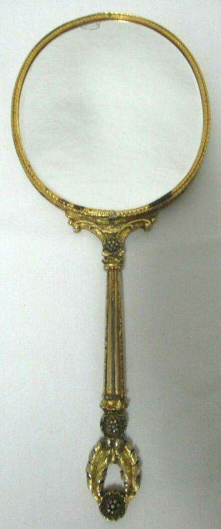 Vintage Gold Plated Ornate Hand Held Vanity Mirror Oval Matson Art - Deco