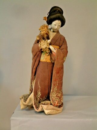 Early Antique Japanese Geisha Doll In Kimono 13 " Stand Look