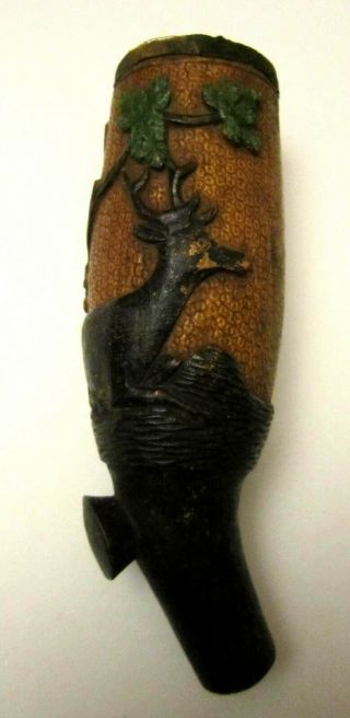 Antique Carved Wood Tobacco Pipe Bowl,  Woodland Scene With Deer; Estate Pipe
