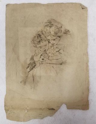 Antique Engraving Print Mother And Child Mary Cassatt Style Etching Drypoint