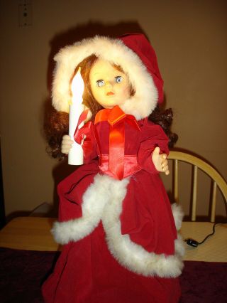 Vintage Christmas Doll/figurine In Red Velvet Coat - Animated,  Electric - Tall 20 "