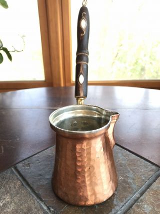 VINTAGE HAMMERED COPPER TURKISH COFFEE POT PEARL INLAY HANDLE BY MISTER COPPER 3