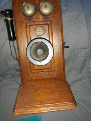Antique Kellogg Hand Crank Wooden Oak Wall Telephone,  With Innerds.
