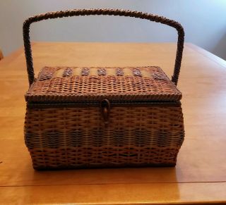 Vintage Lavender Wicker Rattan Sewing Basket With Handle And Tray