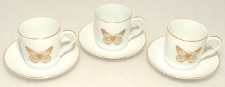 Neiman Marcus - Set Of 3 - Gold Trim Butterfly Demi Cups & Saucers Vintage