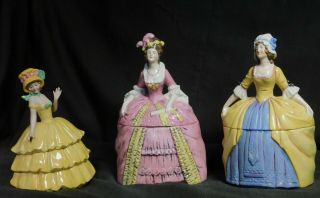 3 Antique Sitzendorf German Porcelain Figural Lady Trinket Powder Box Vintage