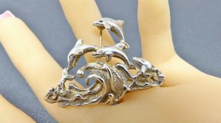 Vintage Taxco Sterling Silver 925 Brooch Jumping Dolphins Ocean Waves Mexico Pin