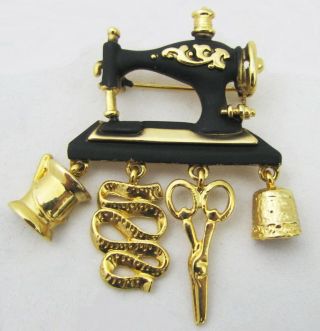 Vintage Danecraft Sewing Machine Brooch Pin With Charms Gold Tone & Black Enamel