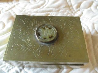 Antique Brass Snuff Box Tobacco Wood Lined W Etched Design & Applied Jade Piece