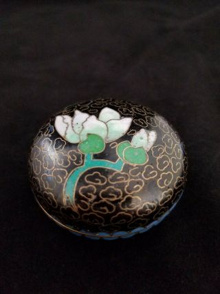 Small Vintage Chinese Cloisonne Blue Enamel Flower Trinket Jar Box Flower