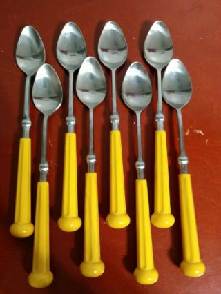 Vintage 1973 Oxford Hall Fashion Ware Yellow Handle Iced Tea Ss Spoons Japan