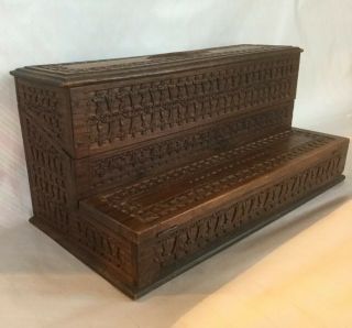 Antique Vintage Anglo - Indian Carved Teak Wood Desk Box