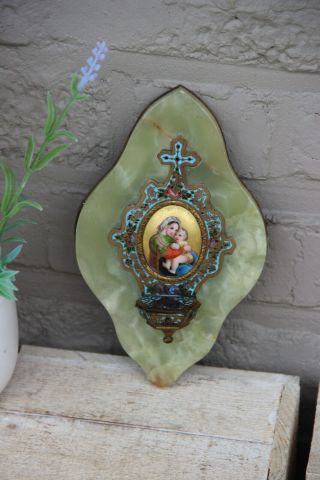 Antique Onyx Marble Cloisonne Enamel Porcelain Plaque Madonna Holy Water Font