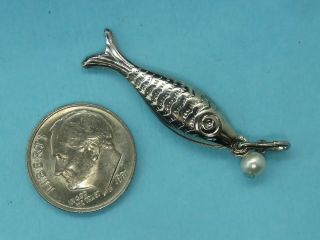 Vintages Sterling Silver Puffy Etched Fish W/ Pearl 2 Sided Bracelet Charm