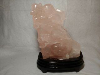Large Old Chinese Rose Pink Quartz Dragon Stone Statue Carving Signed
