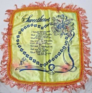 Vintage Satin Pillow Cover Souvenir " Sweetheart " Wwii Era 15 " ᵉ A2