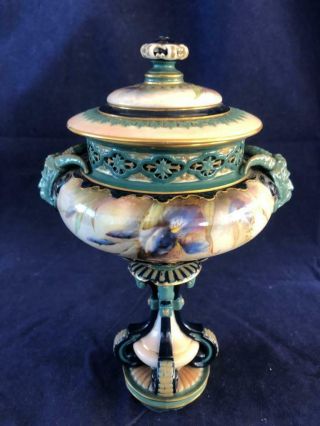 Good Antique Royal Worcester Hadley Hand Painted Lidded Urn / Vase.  C1905.