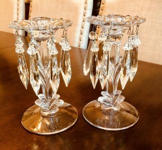 2 Vintage Clear Glass Art Deco Candle Holders With 8 Chandelier Prisms 8”