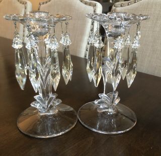 2 Vintage Clear Glass Art Deco Candle Holders with 8 Chandelier Prisms 8” 2