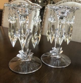 2 Vintage Clear Glass Art Deco Candle Holders with 8 Chandelier Prisms 8” 3